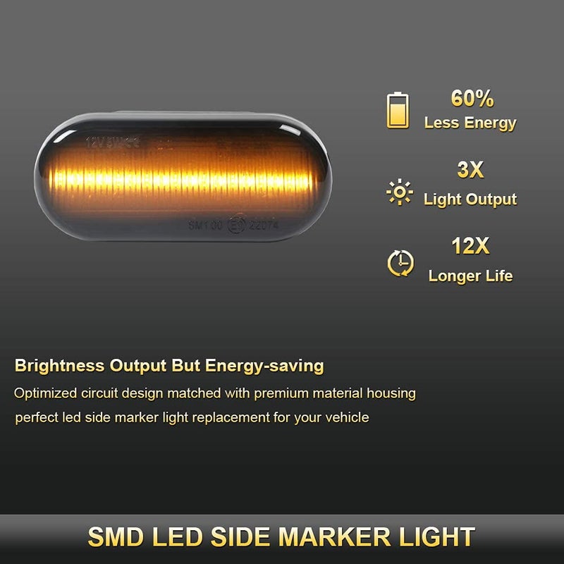 Gempro 2Pcs Dynamic Smoked Amber LED Side Marker Turn Signal Light Compatible with Golf4 MK4 GTI R32 Jetta Passat B5 Lupo Polo Sharan Vento Fox Amarok T5 - Image 2